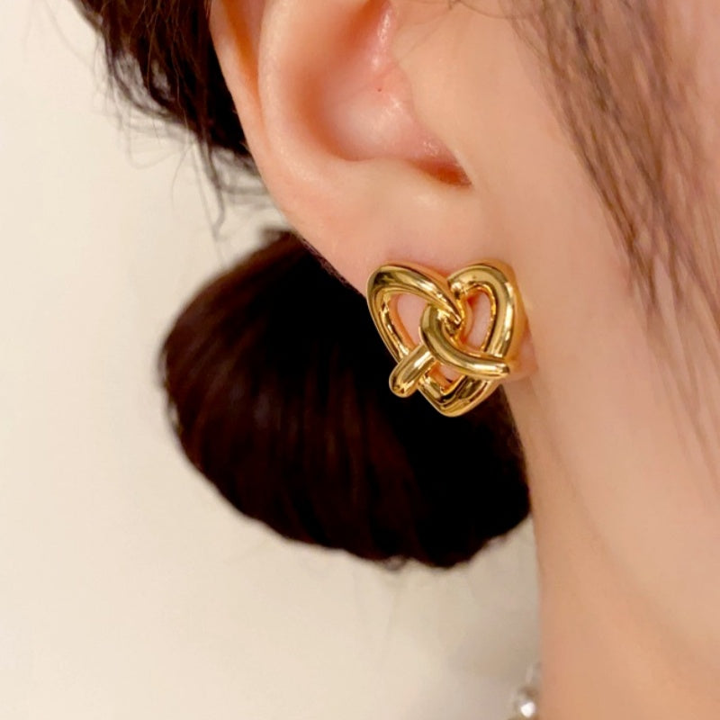 14K Gold Plated Knotted Love Heart Stud Earrings