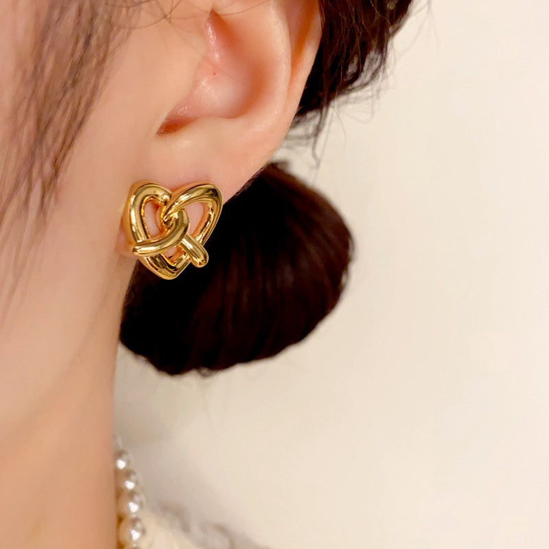 14K Gold Plated Knotted Love Heart Stud Earrings