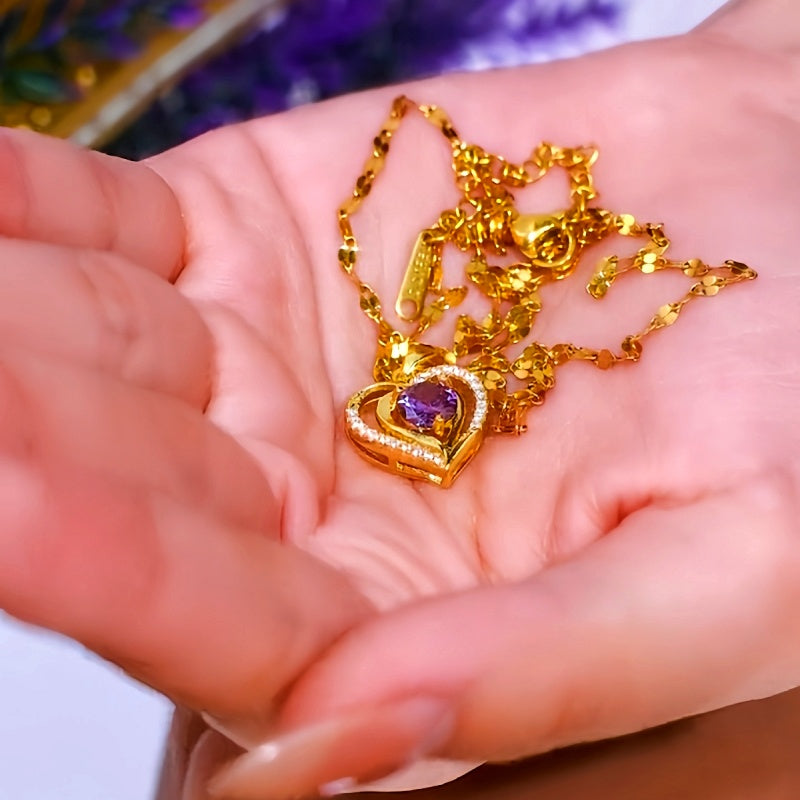 14K Gold Plated Luxury Purple Diamond Ocean Heart Necklaces