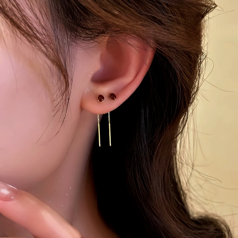 14K Gold Plated Red Bean Threader Earrings