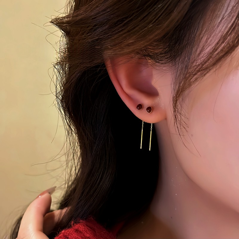 14K Gold Plated Red Bean Threader Earrings