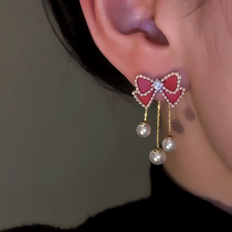 14K Gold Plated Red Bow Pearl Tassel Earrings