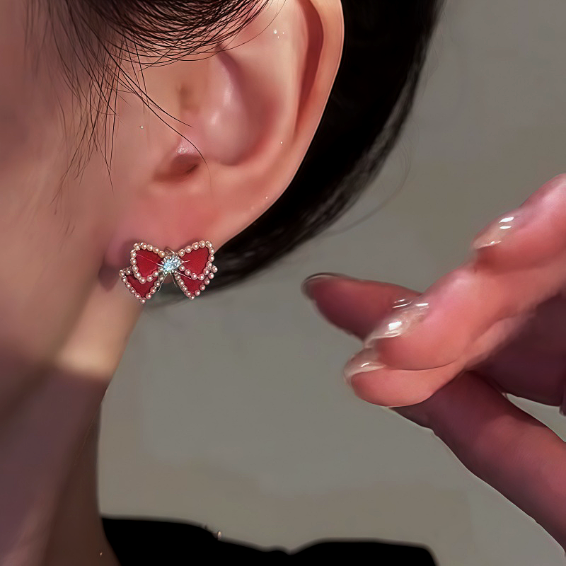 14K Gold Plated Red Bow Pearl Tassel Earrings