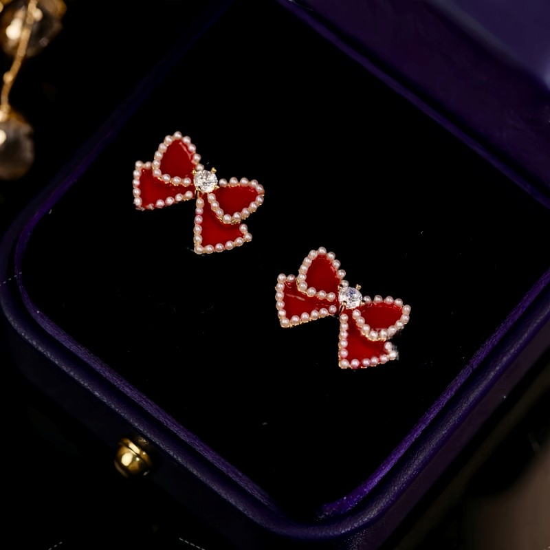 14K Gold Plated Red Bow Pearl Tassel Earrings