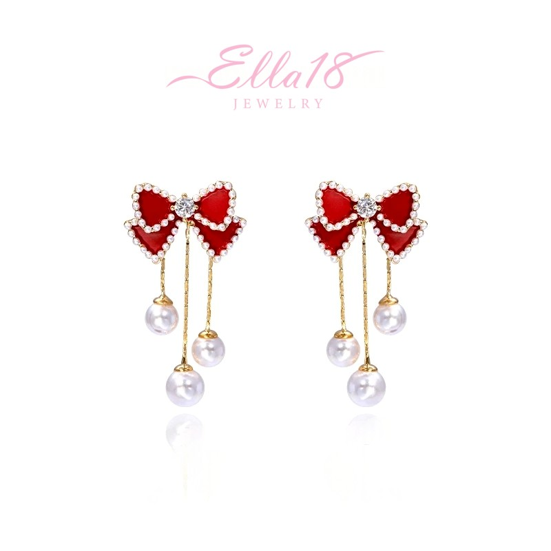 14K Gold Plated Red Bow Pearl Tassel Earrings
