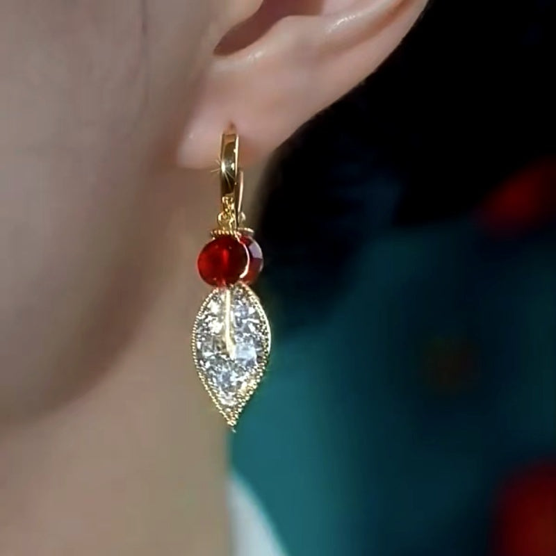 14K Gold Plated Red Diamond Zircon Leaf Earrings
