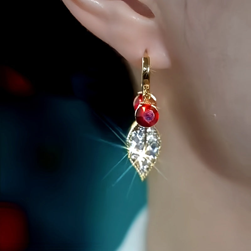 14K Gold Plated Red Diamond Zircon Leaf Earrings