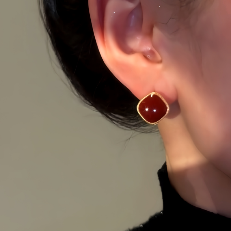 14K Gold Plated Red Oil Drop Zircon Cube Earrings
