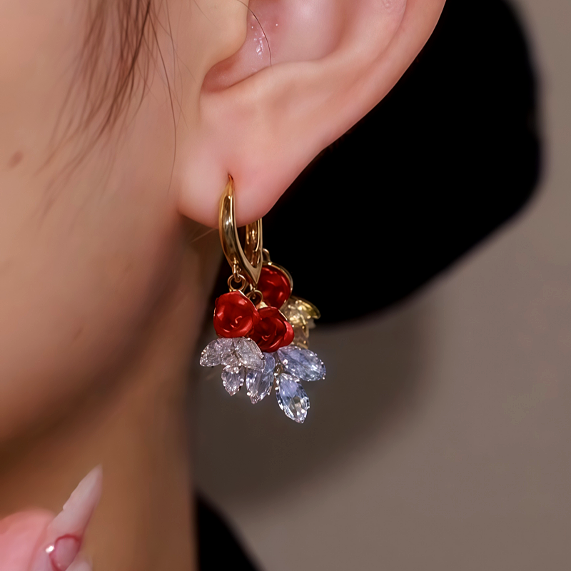 14K Gold Plated Red Rose Crystal Leaf Earrings