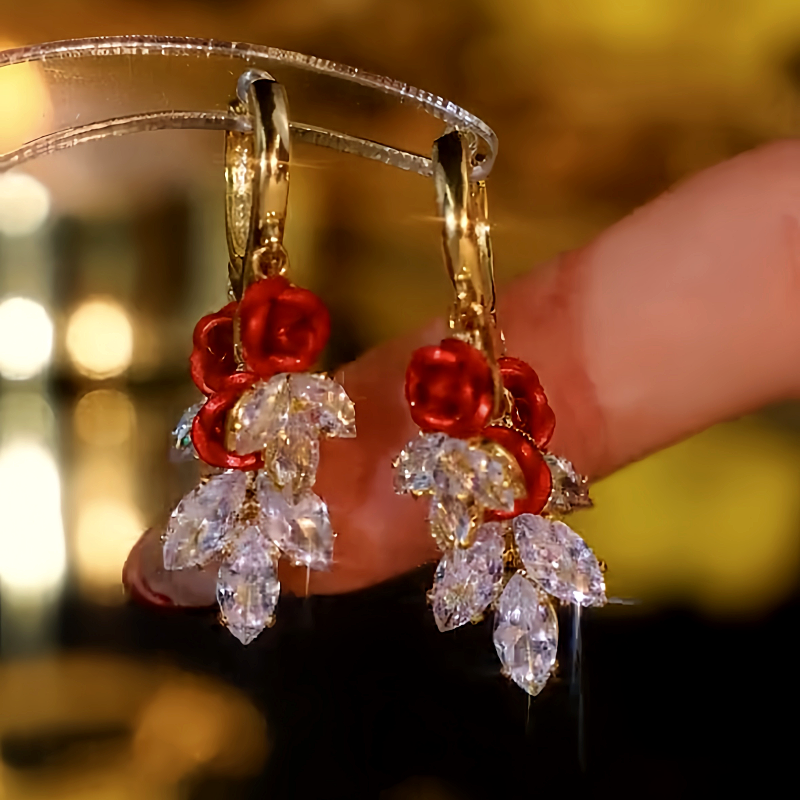 14K Gold Plated Red Rose Crystal Leaf Earrings