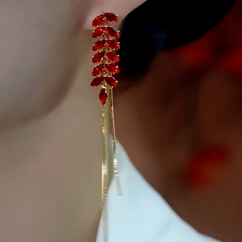 14K Gold Plated Red Wheat Diamond Tassel Earrings