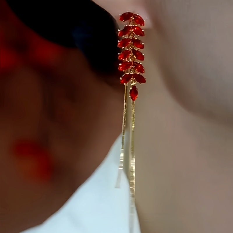 14K Gold Plated Red Wheat Diamond Tassel Earrings