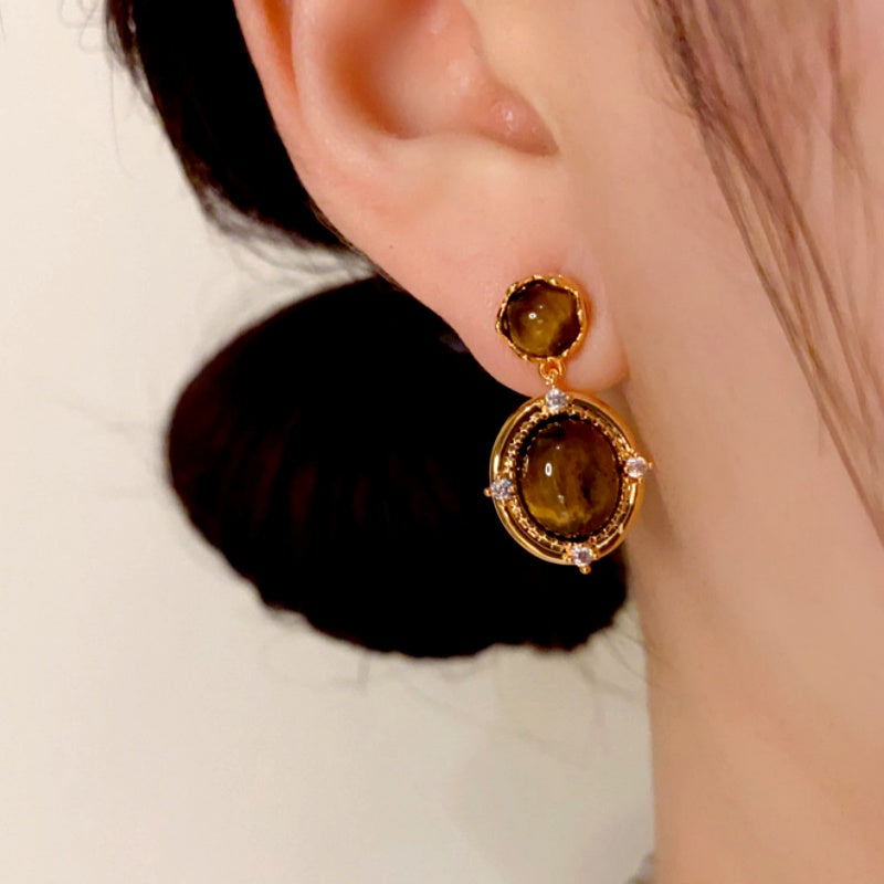 14K Gold Plated Tiger Eye Stone Oval Earrings