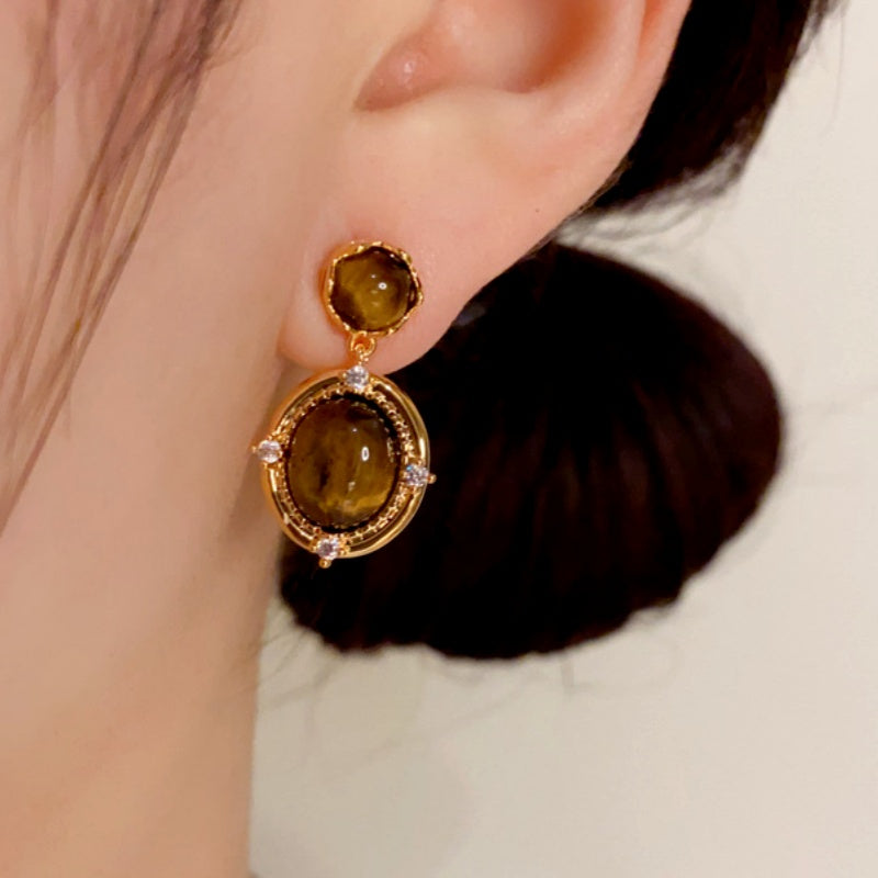 14K Gold Plated Tiger Eye Stone Oval Earrings