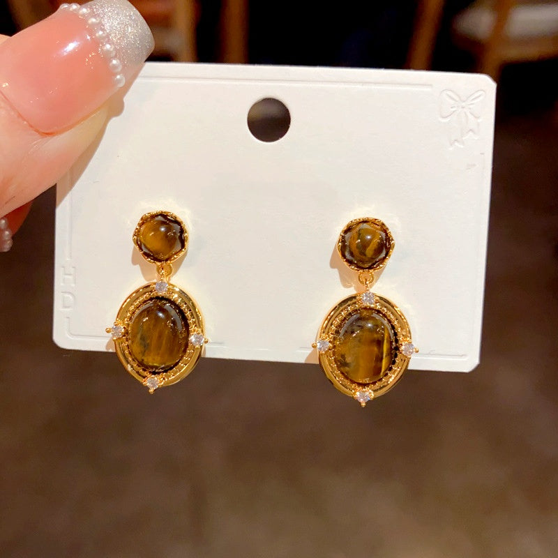 14K Gold Plated Tiger Eye Stone Oval Earrings