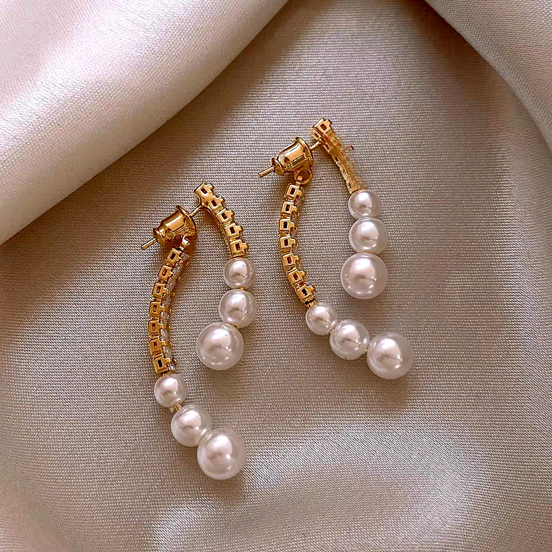 14K Gold Plated Zircon Arc-Shaped Pearl Earrings