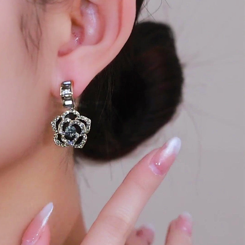 14K Gold Plated Zircon Black Camellia Earrings