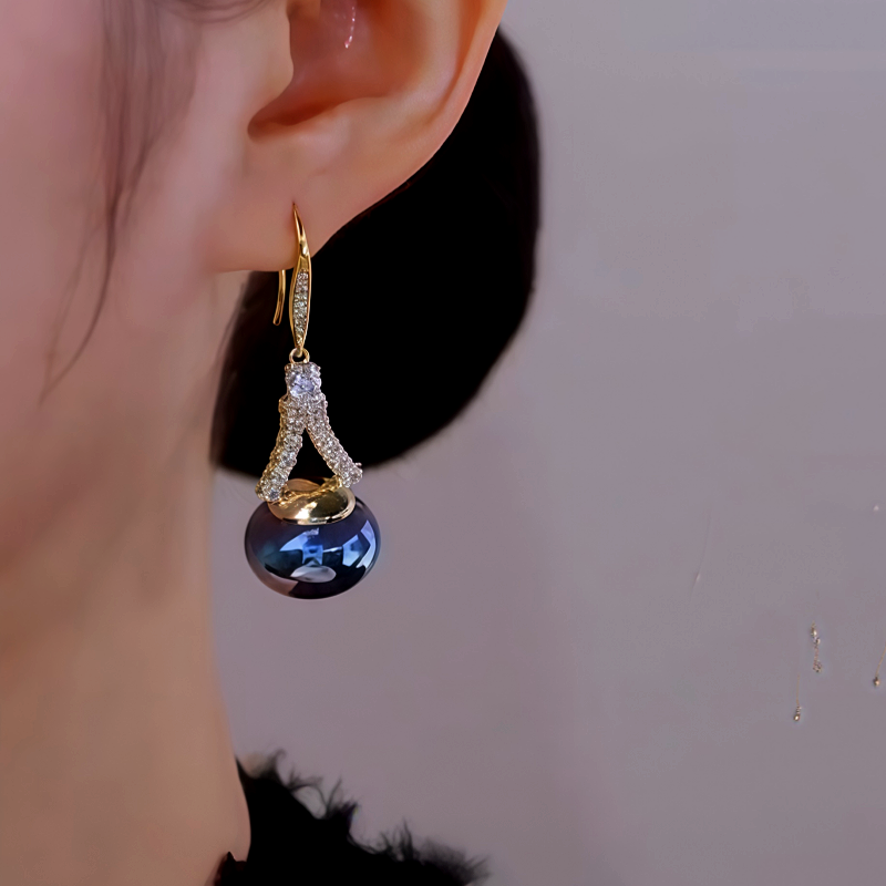 14K Gold Plated Zircon Blue Pearl Ear Hook Earrings