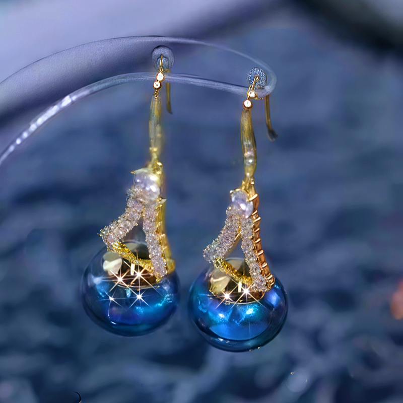 14K Gold Plated Zircon Blue Pearl Ear Hook Earrings
