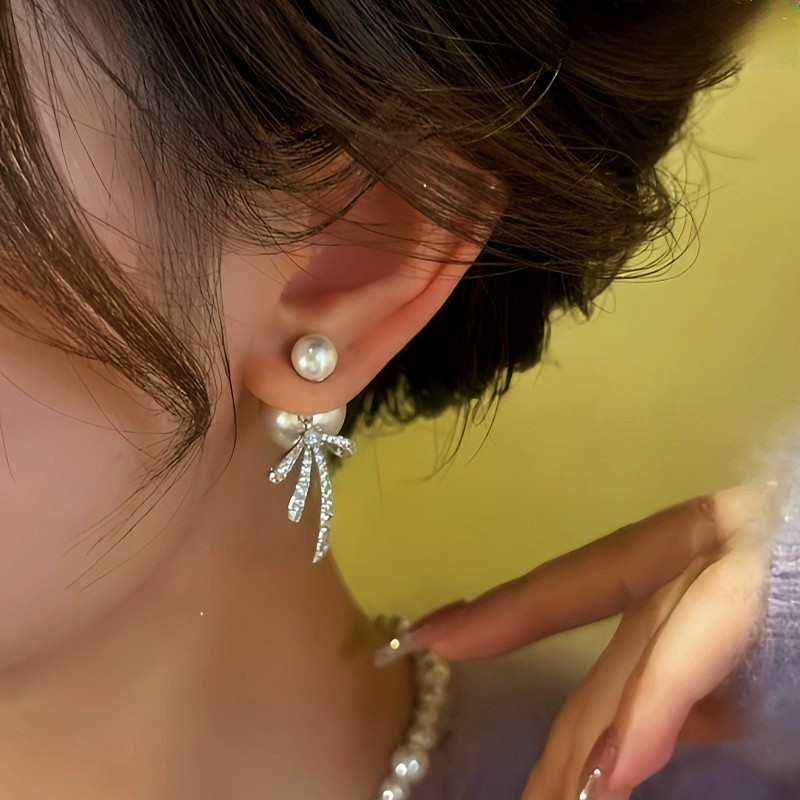 14K Gold Plated Zircon Bow Pearl Earrings