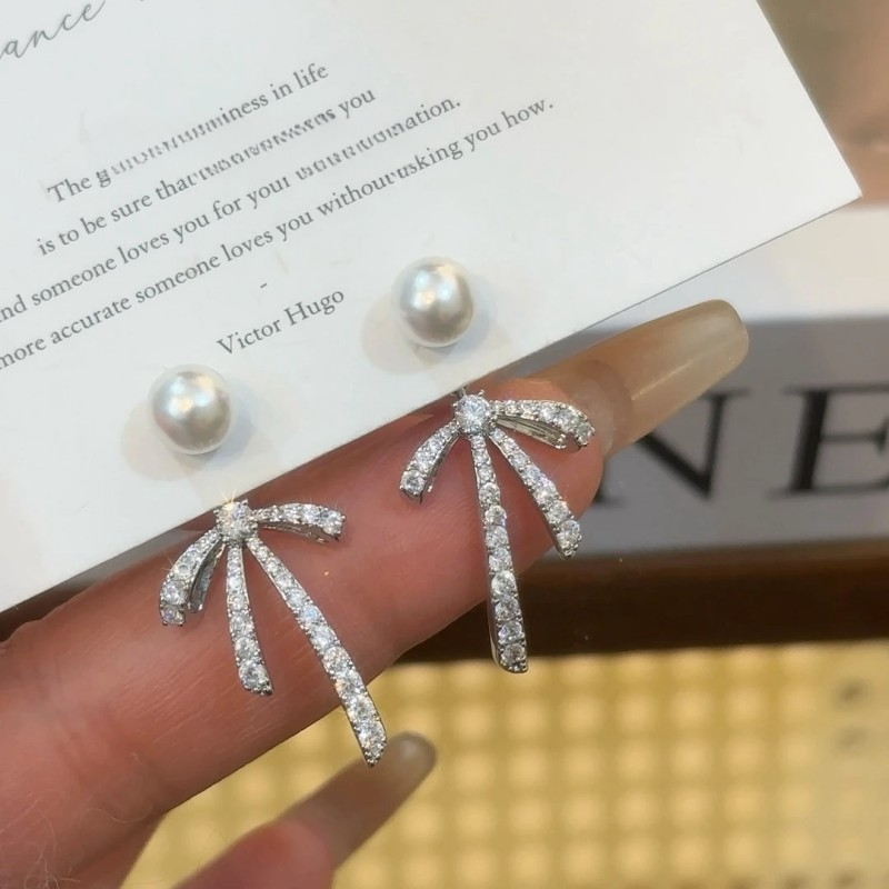 14K Gold Plated Zircon Bow Pearl Earrings