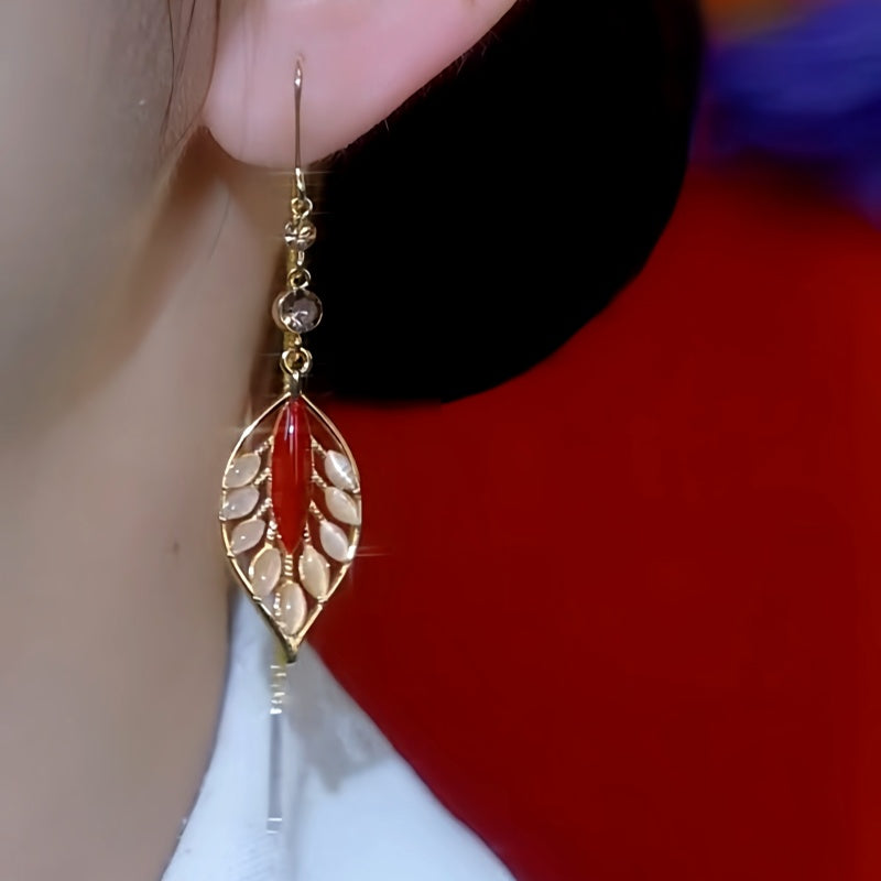 14K Gold Plated Zircon Cat's Eye Leaf Tassel Threader Earrings