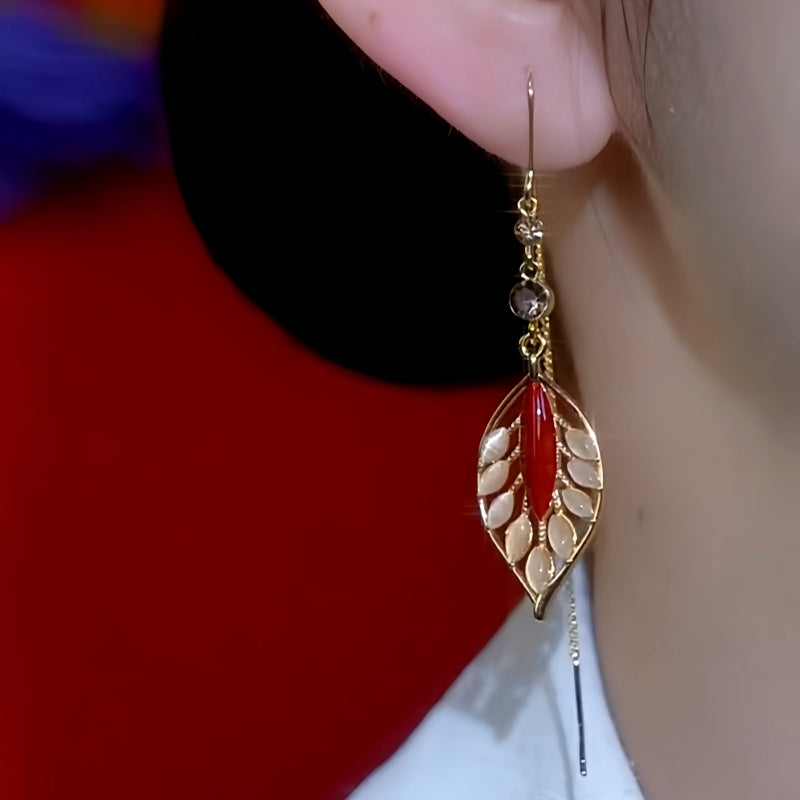 14K Gold Plated Zircon Cat's Eye Leaf Tassel Threader Earrings