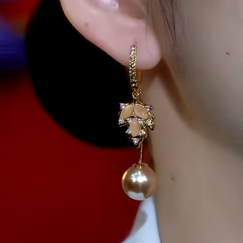 14K Gold Plated Zircon Cat's Eye Stone Maple Leaf Brown Pearl Earrings