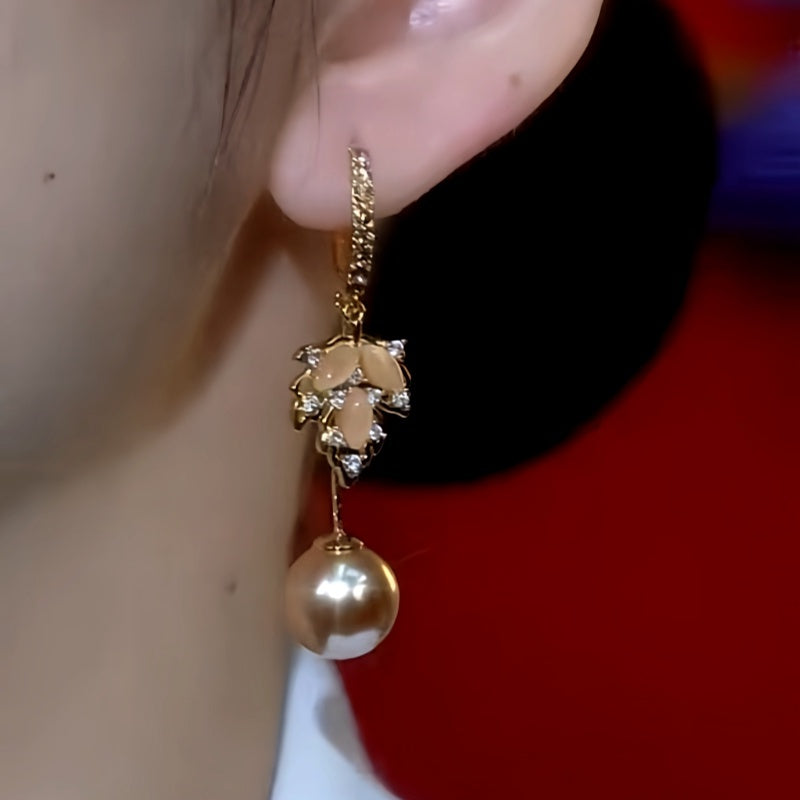 14K Gold Plated Zircon Cat's Eye Stone Maple Leaf Brown Pearl Earrings