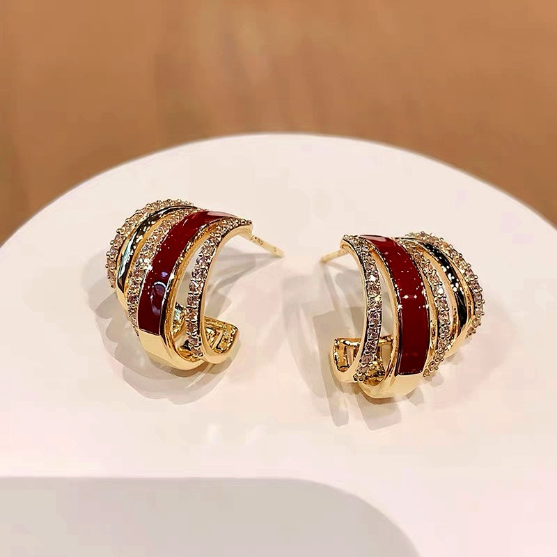 14K Gold Plated Zircon Drip Glaze Multi-Layer C-Shaped Earrings