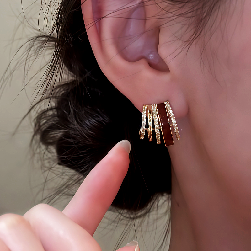 14K Gold Plated Zircon Drip Glaze Multi-Layer C-Shaped Earrings