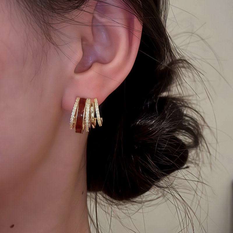 14K Gold Plated Zircon Drip Glaze Multi-Layer C-Shaped Earrings