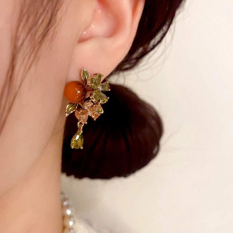 14K Gold Plated Zircon Flower Bead Tassel Earrings