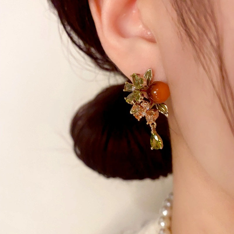 14K Gold Plated Zircon Flower Bead Tassel Earrings