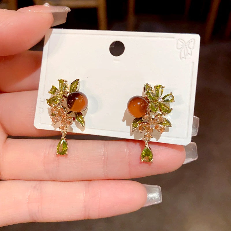 14K Gold Plated Zircon Flower Bead Tassel Earrings
