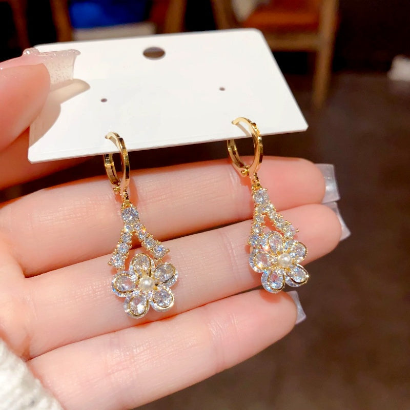 14K Gold Plated Zircon Flower Earrings