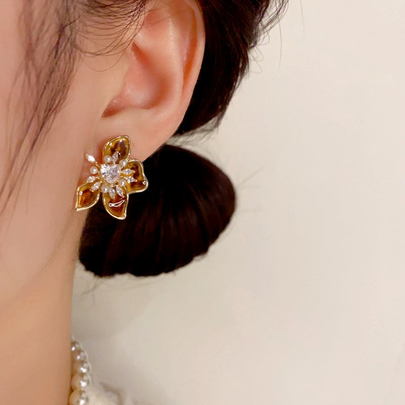 14K Gold Plated Zircon Flower Stamen Earrings