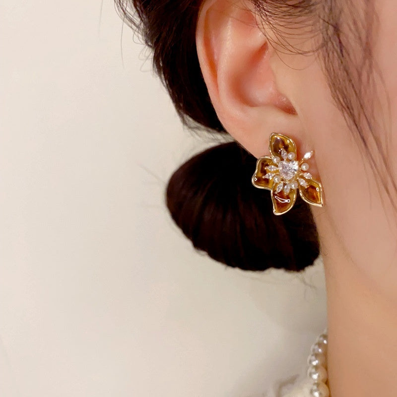 14K Gold Plated Zircon Flower Stamen Earrings