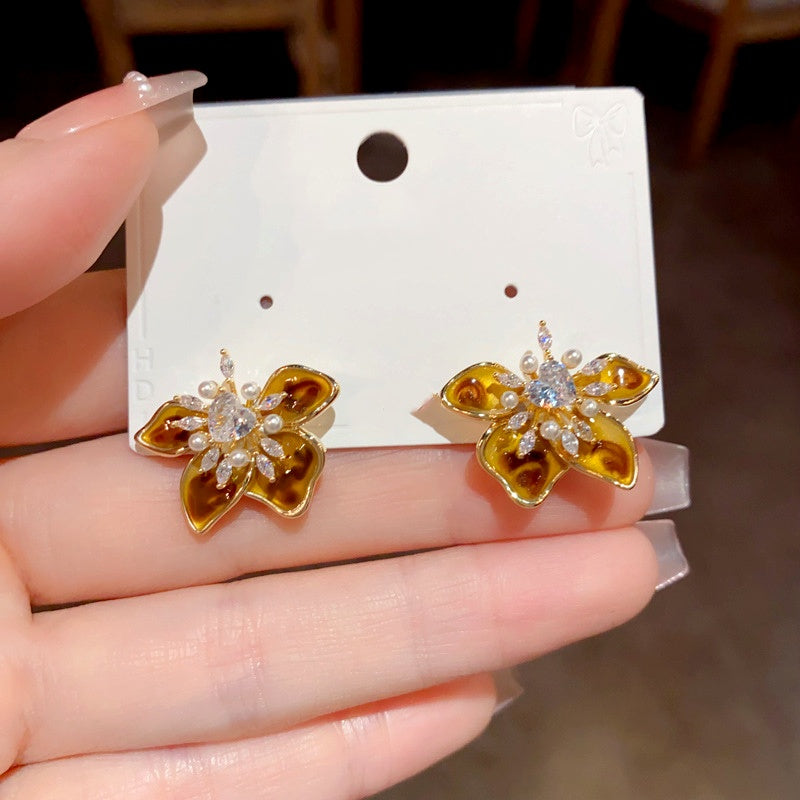 14K Gold Plated Zircon Flower Stamen Earrings