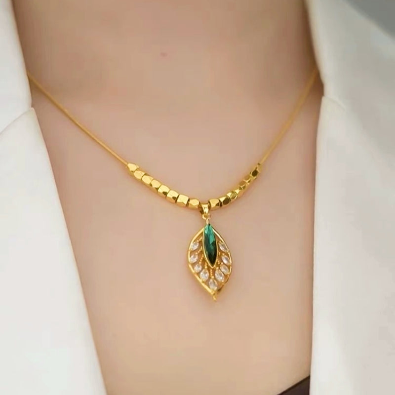 14K Gold Plated Zircon Green Leaf Necklaces