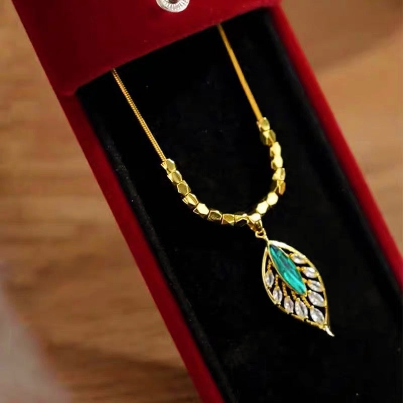 14K Gold Plated Zircon Green Leaf Necklaces