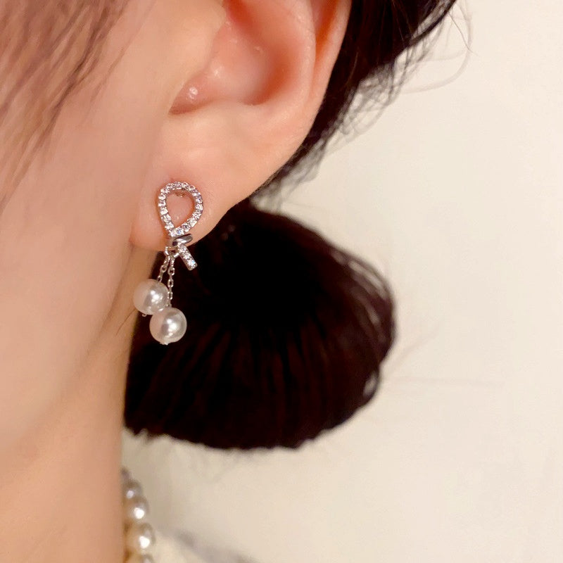 14K Gold Plated Zircon Knot Pearl Tassel Earrings