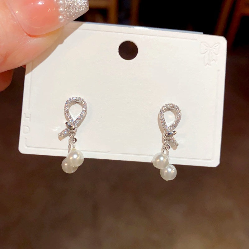 14K Gold Plated Zircon Knot Pearl Tassel Earrings