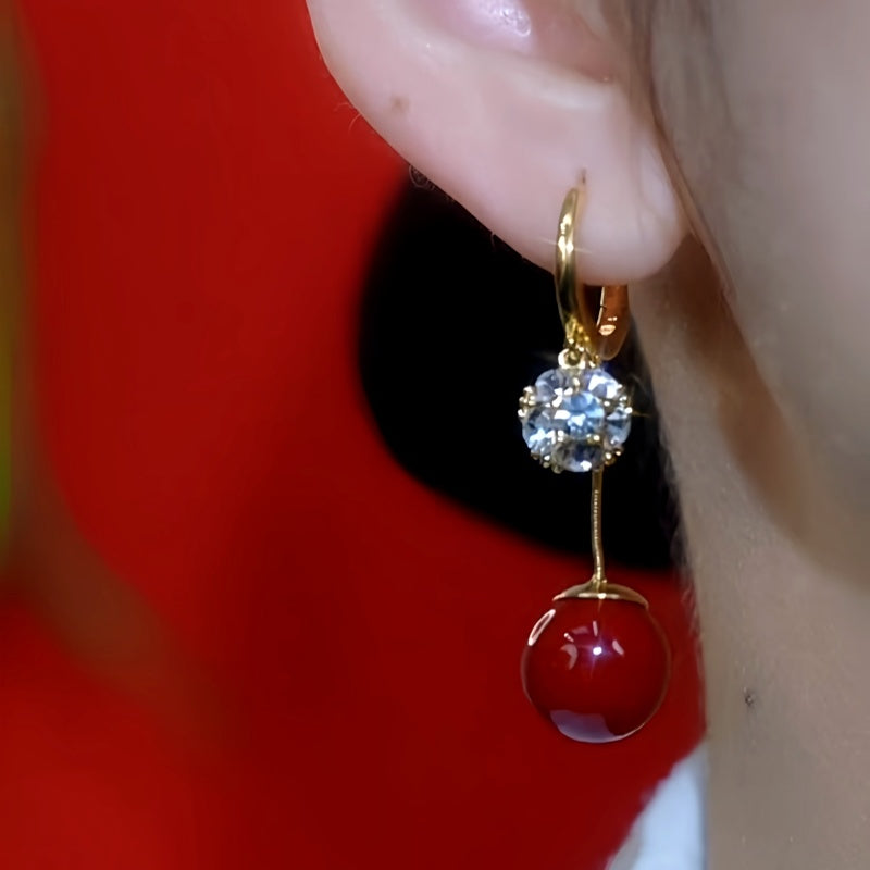 14K Gold Plated Zircon Red Bead Earrings
