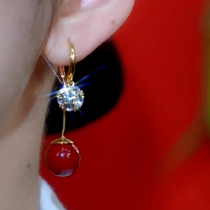 14K Gold Plated Zircon Red Bead Earrings
