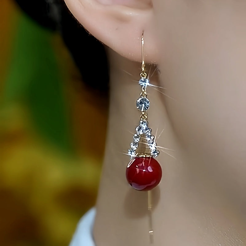 14K Gold Plated Zircon Red Pearl Threader Earrings