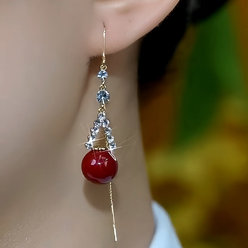 14K Gold Plated Zircon Red Pearl Threader Earrings