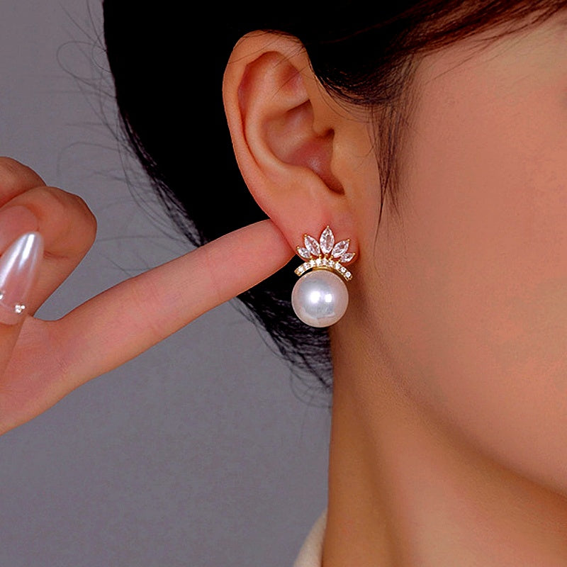 14K Gold-Plated Elegant Zircon Crown Pearl Earrings