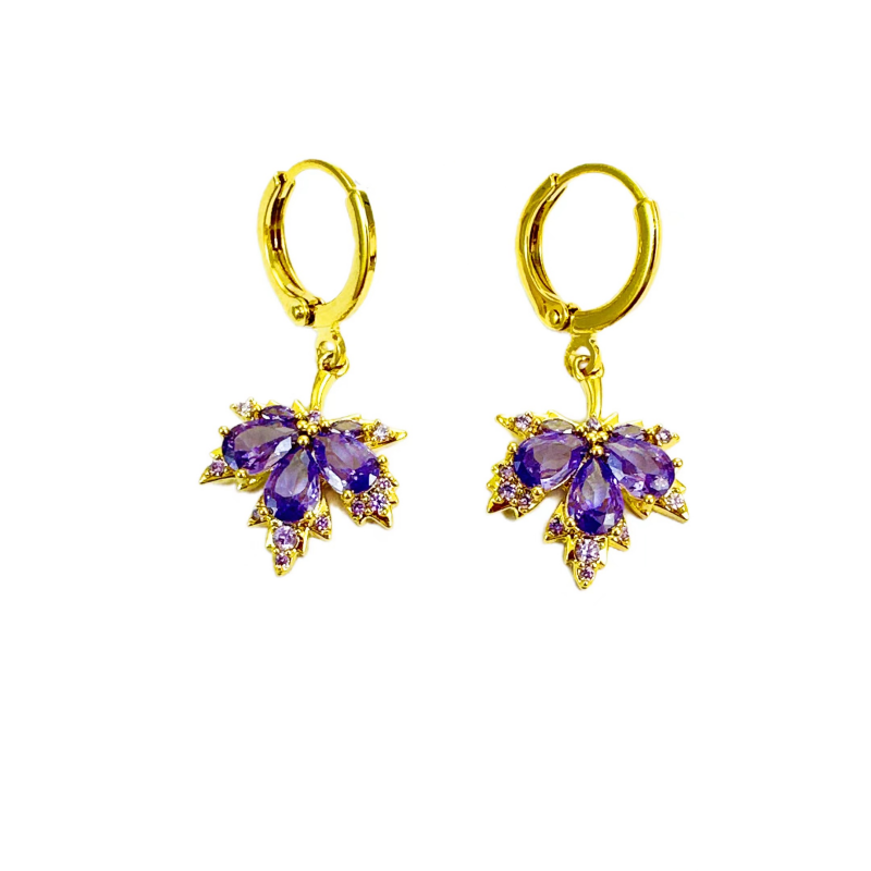 14K Gold-Plated Elegant Zircon Purple Maple Leaf Earrings