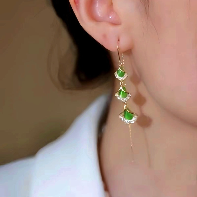 14k Gold-Plated Cat's Eye Leaf Threader Earrings